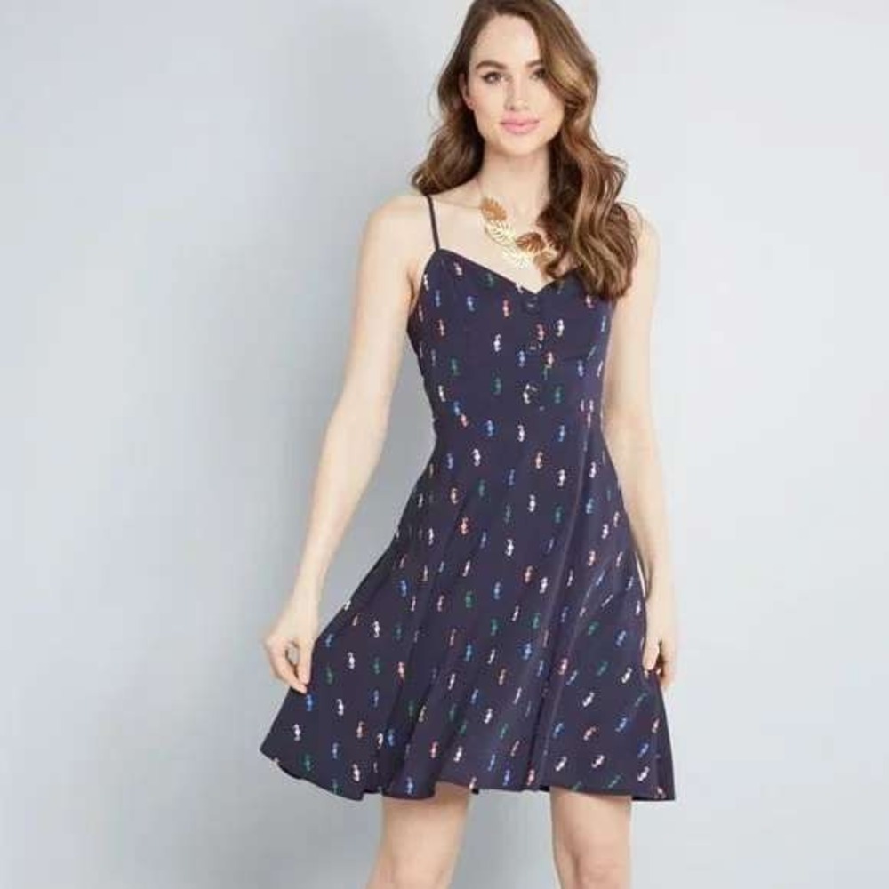 ModCloth Seahorse Print Fit Flare Dress Pockets Womens 8 Navy Blue Beach resort